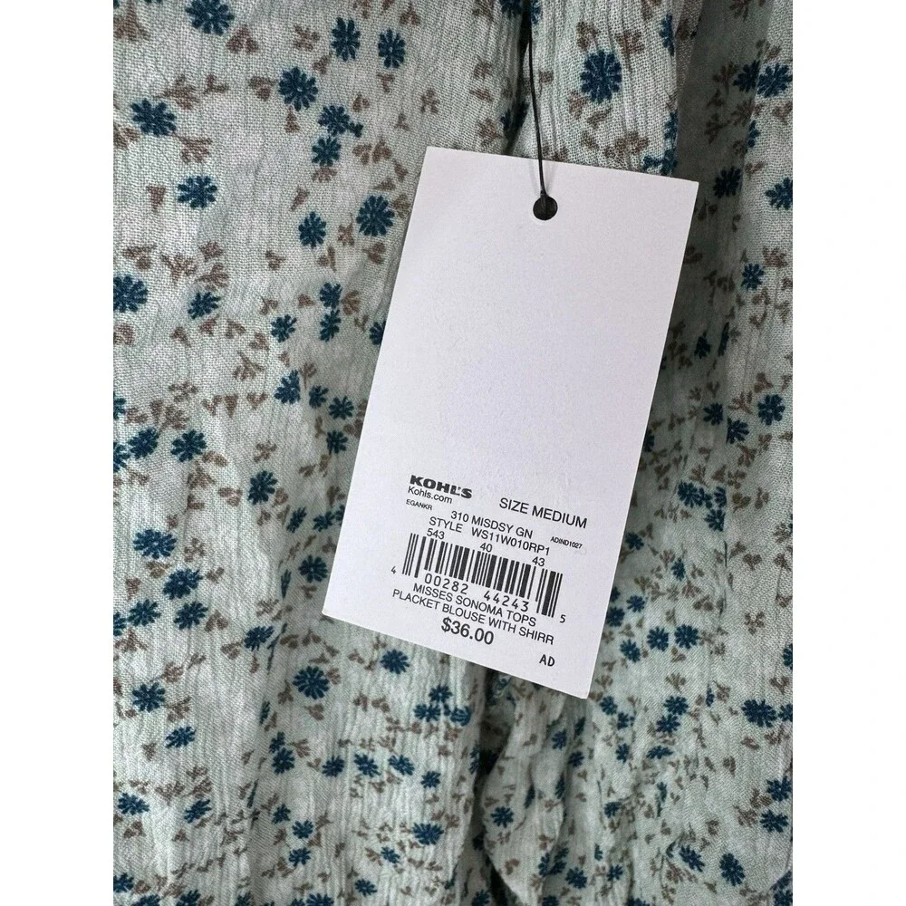 Sonoma Goods Blouse Size M Blue Floral Rayon Shirred Y-neck Balloon Sleeve NWT